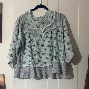 POL Light Blue Textured Top with Button Accent